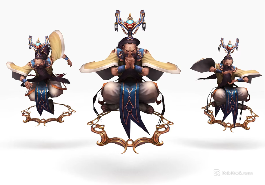 Game and Movie Character in Traditional Outfit with Ornate Headpieces and Golden Base Patterns 3d model 