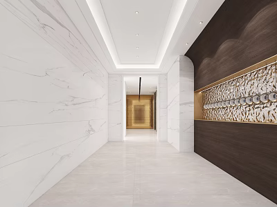 Office Corridor With White Marble Walls Floor Wooden Decorative Wall Ceiling Light Strips End Door 3d model