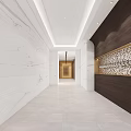Office Corridor With White Marble Walls Floor Wooden Decorative Wall Ceiling Light Strips End Door