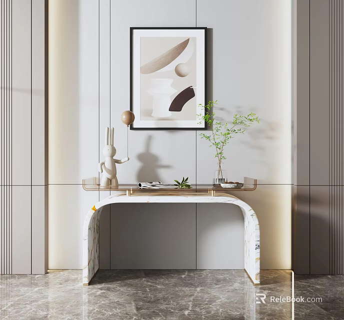 Modern Console Table With Marble Top Artwork Green Plant And Figurine 3d model