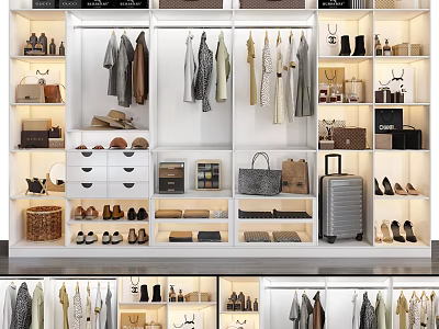 Spacious Organized Wardrobe With Hanging Clothes Drawers Shoe Shelves Bag Storage And Luggage Compartment 3d model