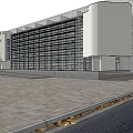 Office Building Corridor Interior With White Columns Long Windows And Ceiling Lights