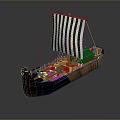 Vintage Wooden Sailing Ship With Green White Striped Sail Brown Black Hull Cargo Boxes