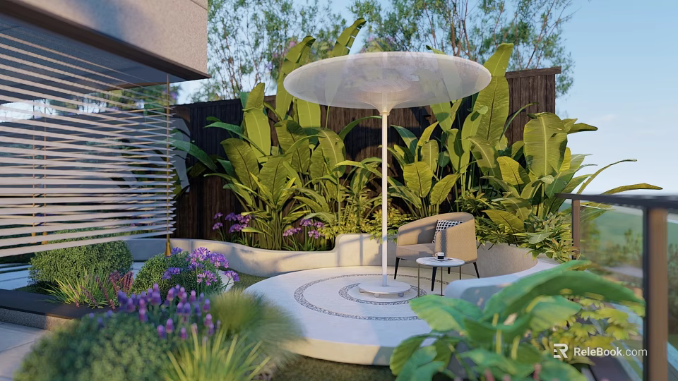 Outdoor Garden Canopy with Circular Platform Lush Green Plants and Seating Area 3d model 