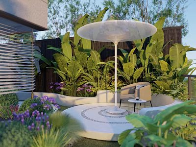 Outdoor Garden Canopy with Circular Platform Lush Green Plants and Seating Area 3d model