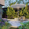 Outdoor Garden Canopy with Circular Platform Lush Green Plants and Seating Area