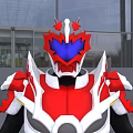 Man in Red White Black Armored Suit with Horned Helmet and Warrior Hero Stance