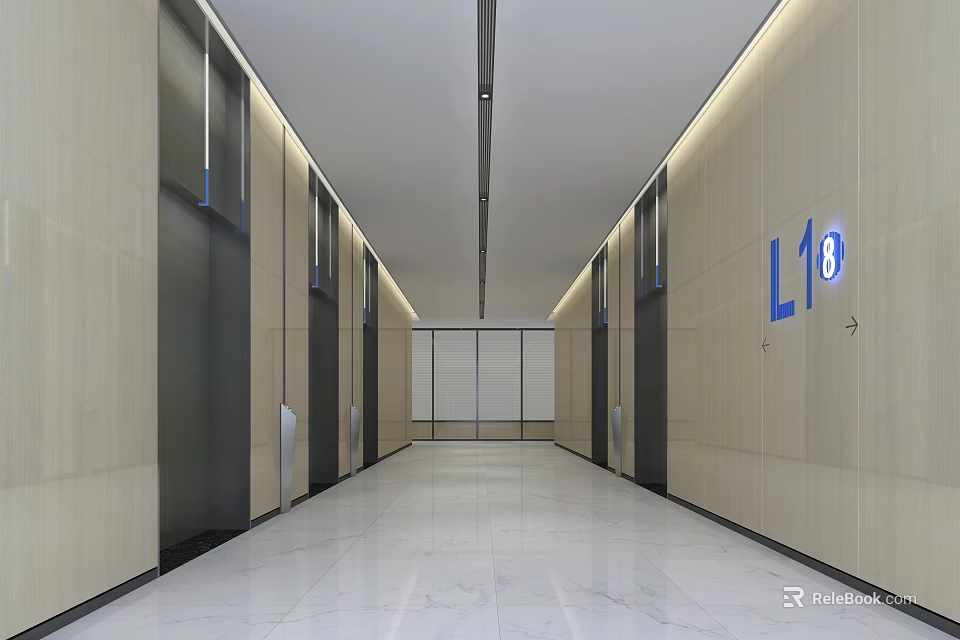 Modern Elevator Hallway With Light Wood Walls And Marble Floor 3d model