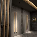 Modern Elevator Corridor Design With Wooden Slat Walls And Stone Tile Floor