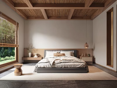 Serene Double Bed Interior With Wooden Ceiling Bamboo Blinds And Pendant Light 3d model
