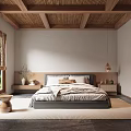 Serene Double Bed Interior With Wooden Ceiling Bamboo Blinds And Pendant Light