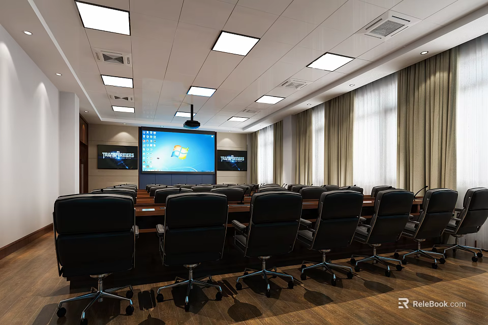 Modern Conference Room Interior With Black Office Chairs Large Screen And Wooden Floor 3d model 