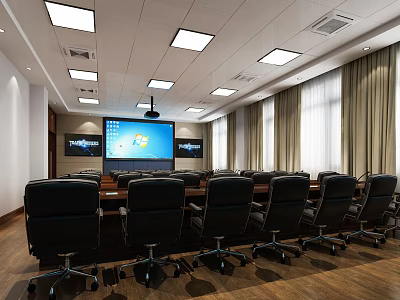 Modern Conference Room Interior With Black Office Chairs Large Screen And Wooden Floor 3d model
