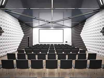 Spacious Modern Conference Room Interior With Black Chairs And Projection Screen 3d model
