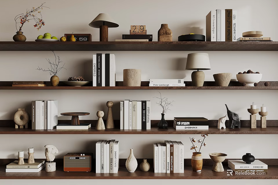 Ornamental Decor Collection on Wooden Shelves with Books Lamps Vases and Sculptures 3d model 