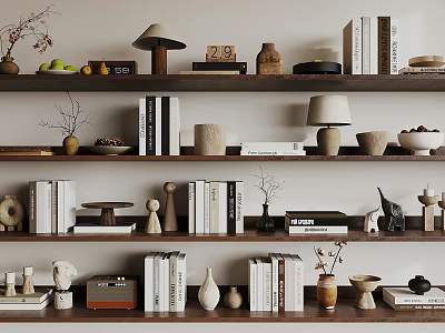 Ornamental Decor Collection on Wooden Shelves with Books Lamps Vases and Sculptures 3d model