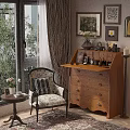 Vintage Wooden Decorative Cabinet With Accent Chair Potted Plant And Wall Art