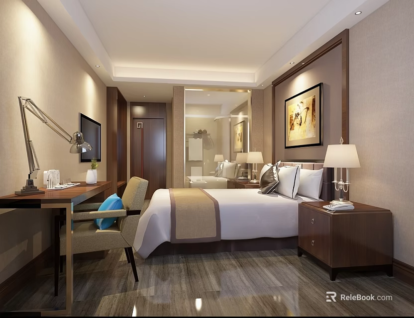 Modern Hotel Guest Room Interior With Comfortable Bed Desk TV Sofa And Wall Painting 3d model 