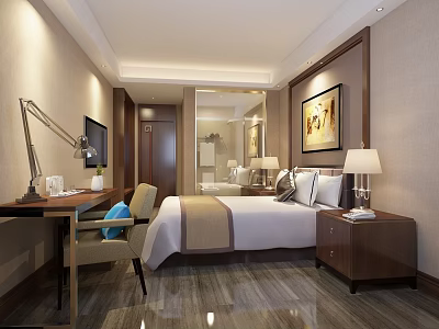 Modern Hotel Guest Room Interior With Comfortable Bed Desk TV Sofa And Wall Painting 3d model