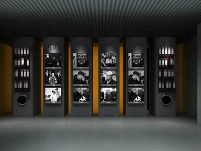 Modern Exhibition Hall Interior With Display Cabinets Shelves And Black White 3d model