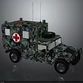 Camouflaged Military Medical Vehicle With Red Cross Antennas And Spare Tire