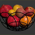 Fresh Mixed Fruits in Metal Basket Including Pomegranate Apples Lemons and Oranges