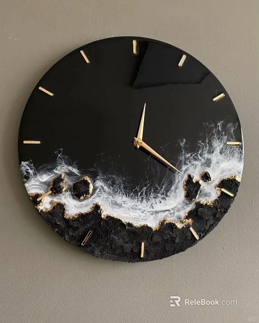 Decorative Black Round Wall Clock with Golden Hands and White Wave Texture for Home Decor 3d model 