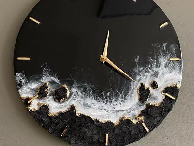 Decorative Black Round Wall Clock with Golden Hands and White Wave Texture for Home Decor 3d model