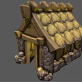 Cartoon Wooden Hut With Stone Walls Thatch Roof And Yellow Door Design Details