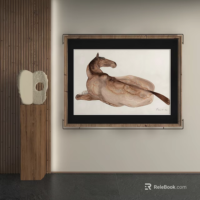 Abstract Painting Featuring Brown Reclining Horse With Dark Frame On Wall 3d model 