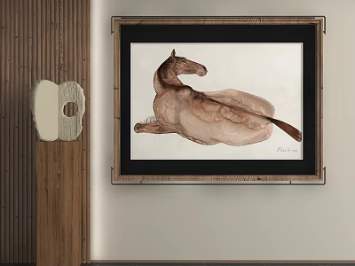 Abstract Painting Featuring Brown Reclining Horse With Dark Frame On Wall 3d model