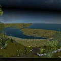 Scenic Landscape of Blue Sky White Clouds Calm Water Green Islands Lush Grassland Winding Path