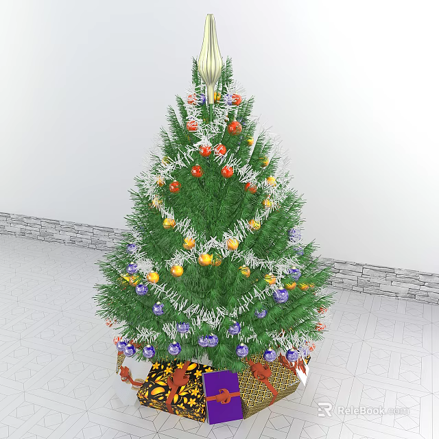 Christmas Tree Decorated With Colorful Ornaments Silver Tinsel And Gifts At Base 3d model 