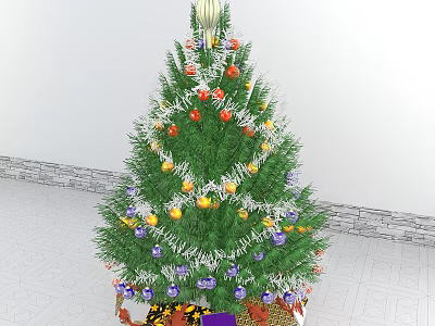 Christmas Tree Decorated With Colorful Ornaments Silver Tinsel And Gifts At Base 3d model