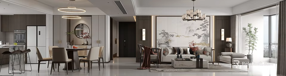 Elegant Modern Living Dining Room Interior With Sofa Dining Table And Decorative Artwork 3d model