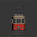Vintage Red Tram With Beige Top On Tracks And Overhead Wires