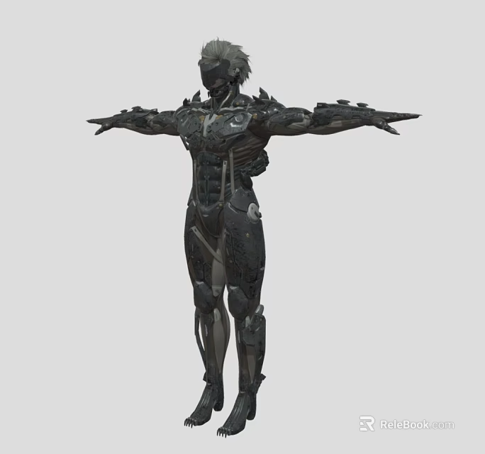 Game Movie Character In Black Mechanical Armor With Intricate Sci Fi Design And Outstretched Arms 3d model 