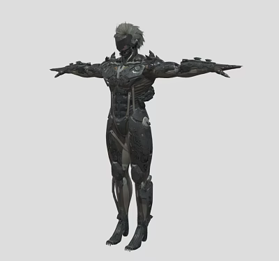 Game Movie Character In Black Mechanical Armor With Intricate Sci Fi Design And Outstretched Arms 3d model