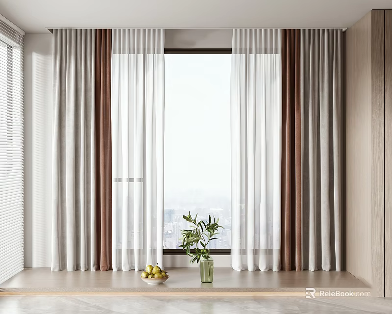 Modern Sheer Curtains With White And Brown Panels By Window Green Plant Fruits City View 3d model 