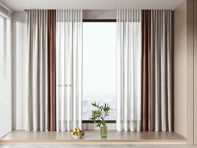 Modern Sheer Curtains With White And Brown Panels By Window Green Plant Fruits City View 3d model