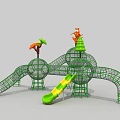 Green Netted Playground Structure With Spheres Slide Trees And Cartoon Figures