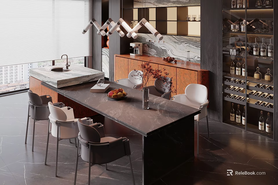 Modern Restaurant Interior With Marble Dining Table Chairs Wine Rack And Pendant Lighting 3d model 