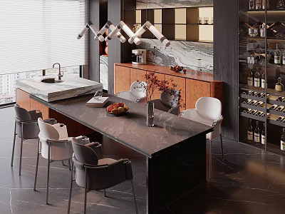 Modern Restaurant Interior With Marble Dining Table Chairs Wine Rack And Pendant Lighting 3d model