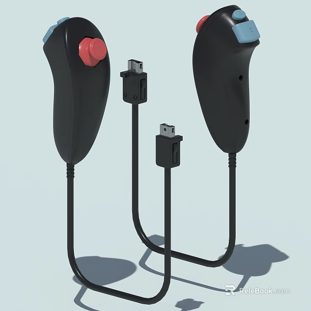 Black Game Controllers With Red Button And Charging Cables And Ports 3d model