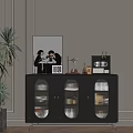Modern Black Sideboard With Glass Doors Decorative Painting Coffee Machine And Green Plants