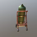 Rusted Green Gas Cylinder on Red Wheeled Cart with Metal Frame