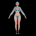 Woman With Short Gray Hair In Blue Bikini Gray Hooded Jacket Wearing Black High Heels