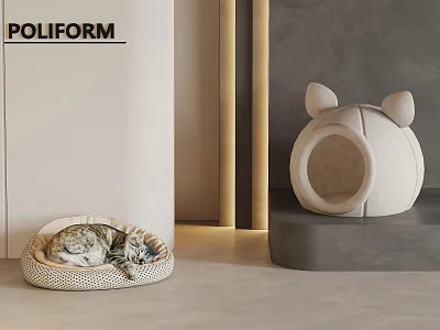 Cozy Pet Bed Interior With Sleeping Cat And Cat Ear Shaped Design 3d model