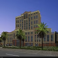 Aerial Planning of Modern Multistory Building with Greenery Palm Trees Road and Parking Area