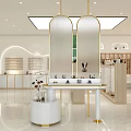 Modern Boutique Store With Green Shelves Gold Frames Circular Mirrors White Walls And Marble Counter